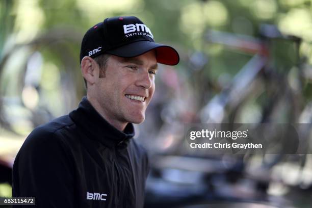 Brent Bookwalter of the United States riding for BMC Racing Team stands outside his team bus prior to stage one of the AMGEN Tour of California on...