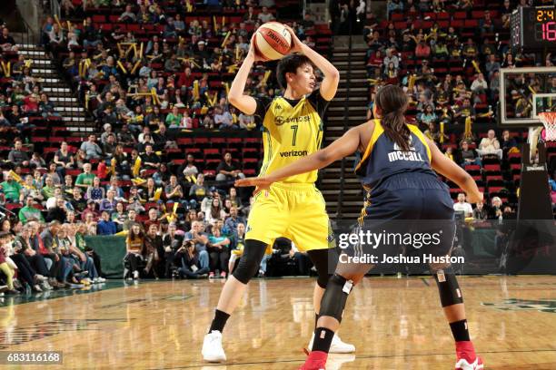 Ramu Tokashiki of the Seattle Storm handles the ball during the game against the Indiana Fever handles the ball during the game against the Indiana...