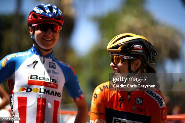 Megan Guarnier of the United States, riding for Boels-Dolmans cycling team talks with Karol-Ann Canuel of Canada, riding for Boels-Dolmans prior to...