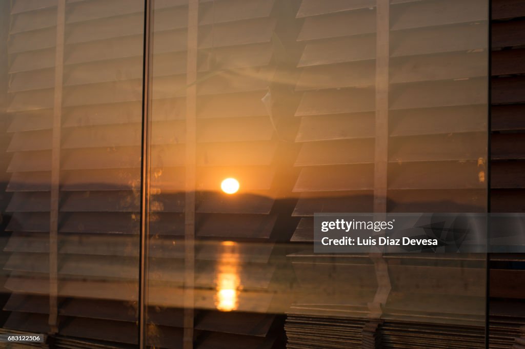 Reflection of the late afternoon in blinds