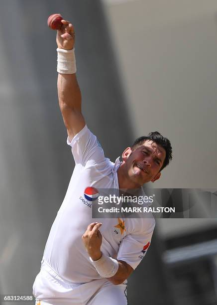 Man of the Series Yasir Shah of Pakistan bowls to Roston Chase of the West Indies before Pakistan won the final test match and the series 2-1 at the...