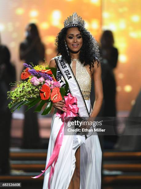 Miss District of Columbia USA 2017 Kara McCullough reacts after being crowned Miss USA 2017 during the 2017 Miss USA pageant at the Mandalay Bay...