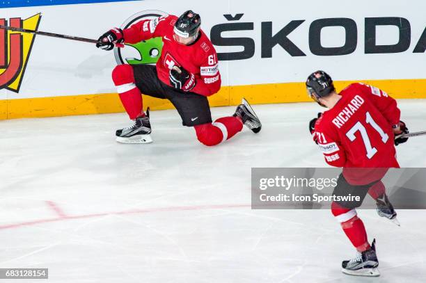 Fabrice Herzog celebrates his goal with Tanner Richard during the Ice Hockey World Championship between Switzerland and Finland at AccorHotels Arena...