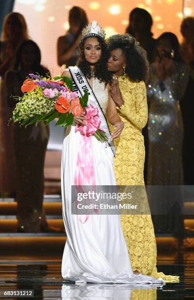 Miss District of Columbia USA 2017 Kara McCullough reacts as she is crowned Miss USA 2017 by Miss USA 2016 Deshauna Barber during the 2017 Miss USA...