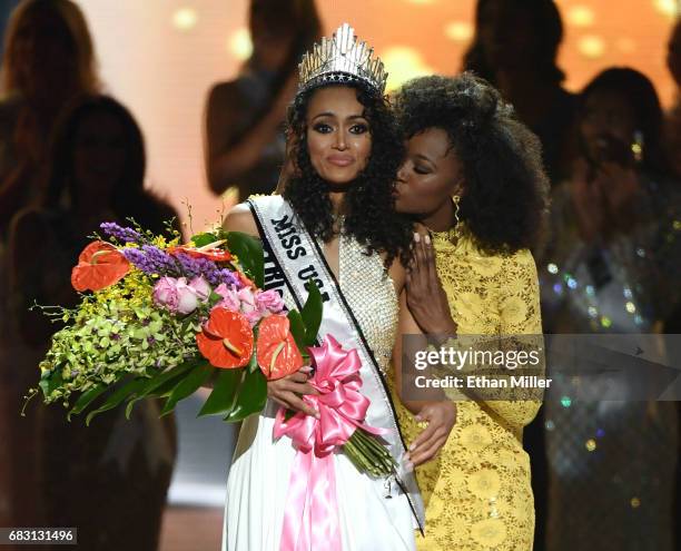 Miss District of Columbia USA 2017 Kara McCullough reacts as she is crowned Miss USA 2017 by Miss USA 2016 Deshauna Barber during the 2017 Miss USA...