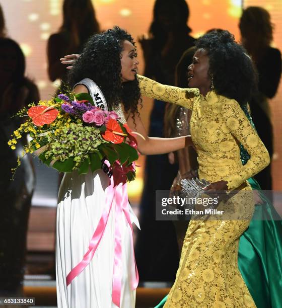 Miss District of Columbia USA 2017 Kara McCullough reacts as she is crowned Miss USA 2017 by Miss USA 2016 Deshauna Barber during the 2017 Miss USA...