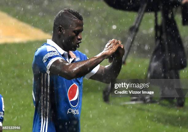 Duvier Riascos of Millonarios celebrates after scoring a goal during the match between Tigres and Millonarios as part of the Liga Aguila I 2017 at...