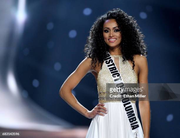 Miss District of Columbia USA 2017 Kara McCullough smiles after being named one of the top three finalists during the 2017 Miss USA pageant at the...