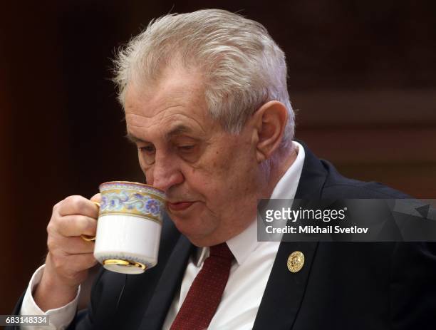 Czech President Milos Zeman attend the rountable plenary meeting during the Belt and Road Forum for International Cooperation at the International...