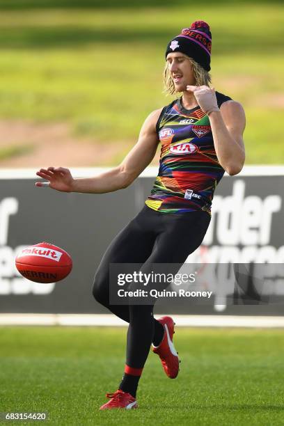 Dyson Heppell of the Bombers kicks during an Essendon Bombers AFL media opportunity at Essendon Bombers Football Club on May 15, 2017 in Melbourne,...