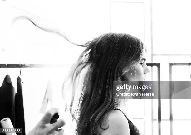 Prepares backstage at the Albus Lumen show during Mercedes-Benz Fashion Week Resort 18 Collections at Carriageworks on May 15, 2017 in Sydney,...