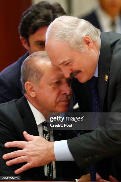 Turkish President Recep Tayyip Erdogan and Belarus President Alexander Lukashenko attend a summit at the Belt and Road Forum on May 15, 2017 in...