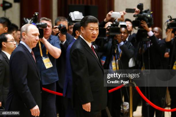 Russian President Vladimir Putin and Chinese President Xi Jinping attend a summit at the Belt and Road Forum on May 15, 2017 in Beijing, China. The...