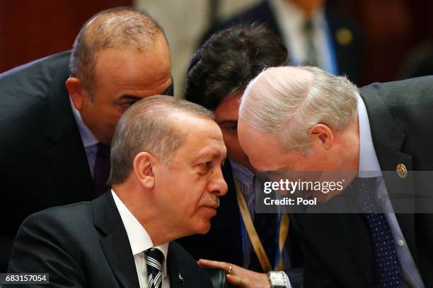 Turkish President Tayyip Erdogan and Belarus President Alexander Lukashenko attend a summit at the Belt and Road Forum on May 15, 2017 in Beijing,...
