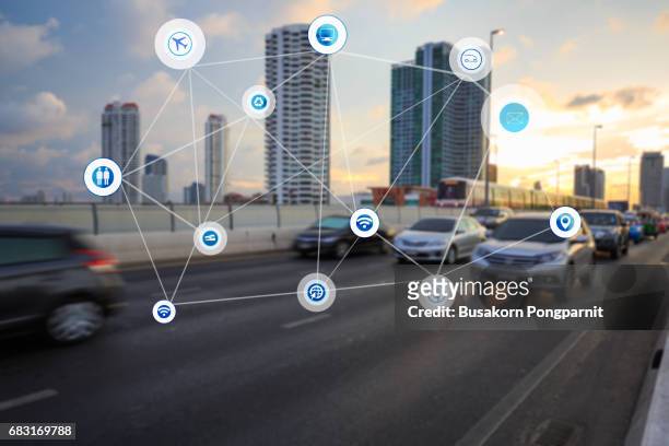 traffict,vehicles, wireless technology communication network, internet of things, abstract image visual concept design - city sensors stock pictures, royalty-free photos & images