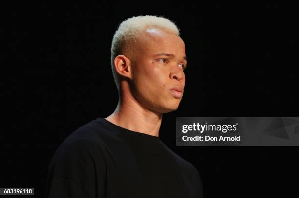 Model walks the runway during the Justin Cassin show at Mercedes-Benz Fashion Week Resort 18 Collections at Carriageworks on May 15, 2017 in Sydney,...