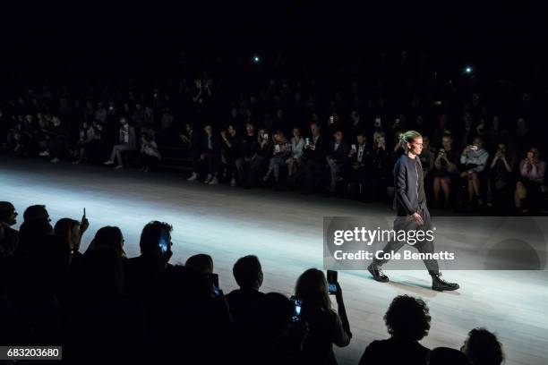 Model walks the runway during the Justin Cassin show at Mercedes-Benz Fashion Week Resort 18 Collections at Carriageworks on May 15, 2017 in Sydney,...