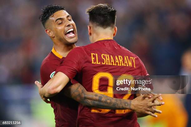 Emerson Palmieri of Roma celebrating with Stephan El Shaarawy of Roma during the Serie A match between AS Roma and Juventus FC at Stadio Olimpico on...