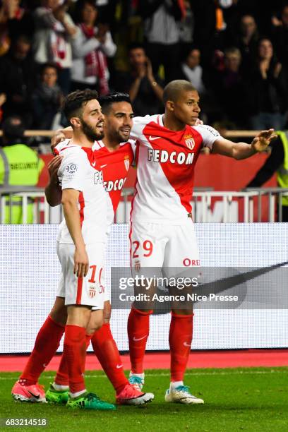 Bernardo Silva, Radamel Falcao and Kylian Mbappe of Monaco celebrate his goal during the Ligue1 match between As Monaco and Lille OSC at Louis II...