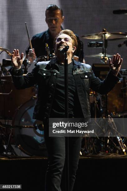 Drummer Larry Mullen Jr. And singer Bono of U2 perform on stage during the 'Joshua Tree 2017' Tour at CenturyLink Field on May 14, 2017 in Seattle,...