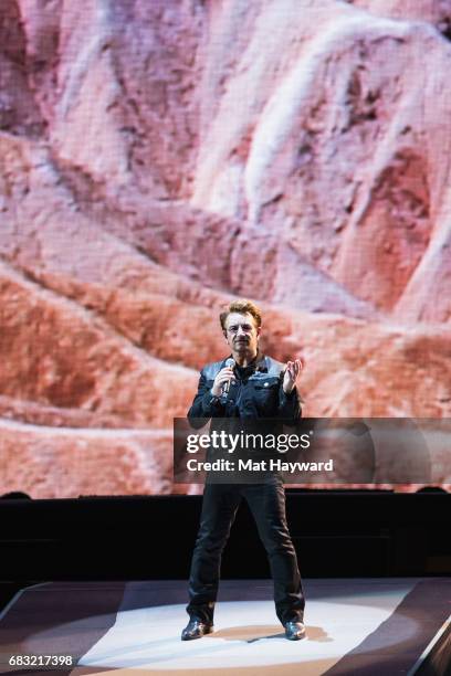 Singer Bono of U2 performs on stage during the 'Joshua Tree Tour 2017' at CenturyLink Field on May 14, 2017 in Seattle, Washington.