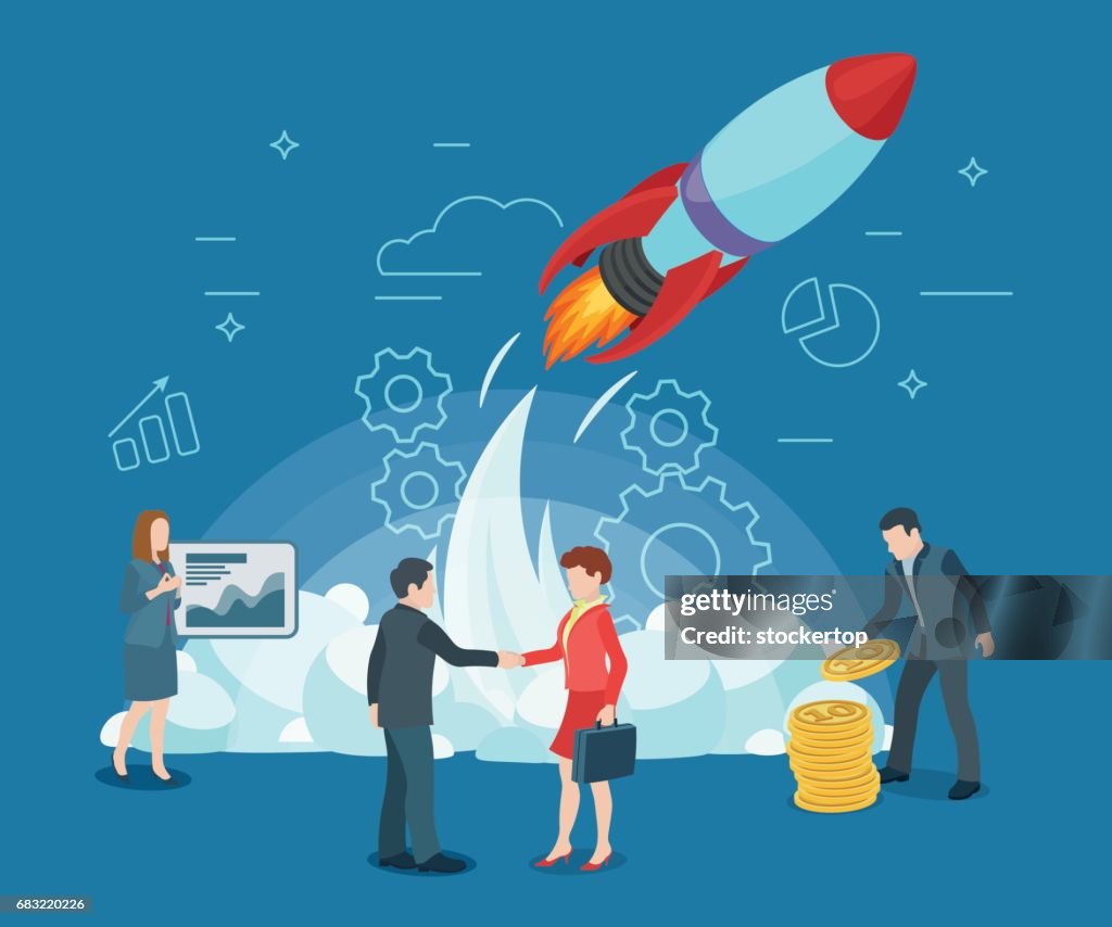 Startup Rocketship Start Rocket Ship In A Flat Style Business Startup Work Moments Flat ...