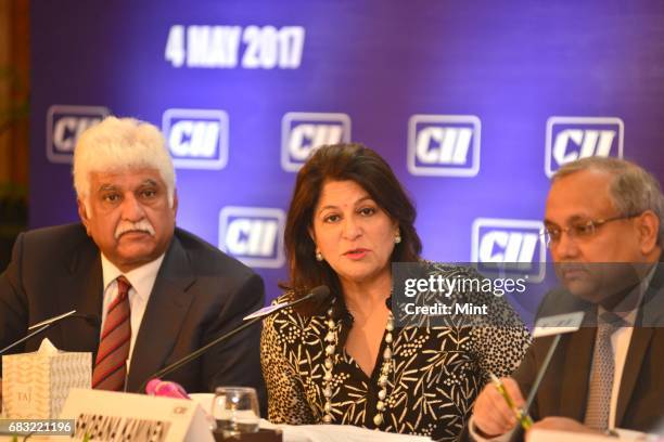 Woman CII President Shobhna Kamineni at a press conference in New Delhi .