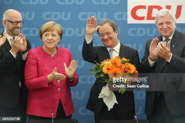 German Chancellor and Chairwoman of the German Christian Democrats Angela Merkel and CDU lead candidate in yesterday's state election in North...