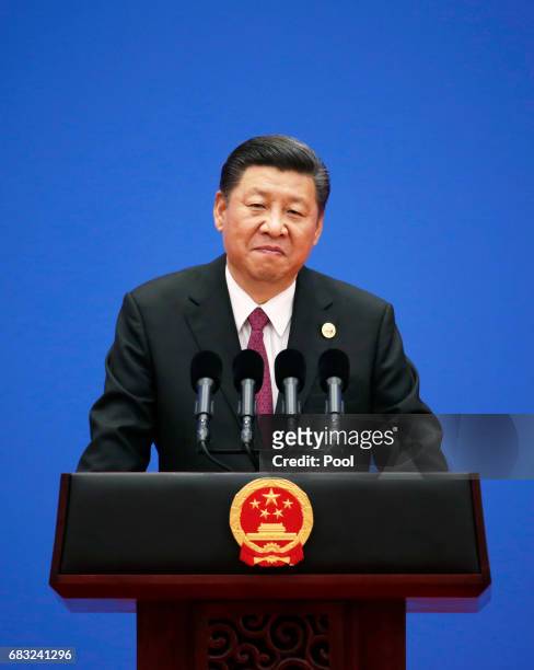 Chinese President Xi Jinping attends a news conference at the end of the Belt and Road Forum for International Cooperation on May 15, 2017 in...