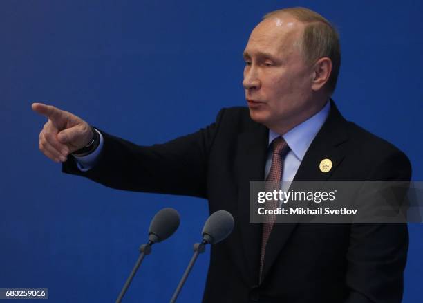 Russian President Vladimir Putin speaks during a press conference after the Belt and Road Forum for International Cooperation at the International...