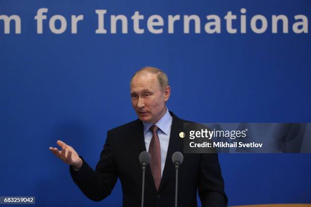 Russian President Vladimir Putin speaks during a press conference after the Belt and Road Forum for International Cooperation at the International...