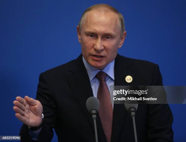 Russian President Vladimir Putin speaks during a press conference after the Belt and Road Forum for International Cooperation at the International...