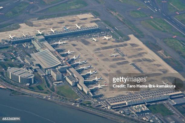 tokyo haneda international airport international terminal daytime aerial view from airplane - tokyo international airport foto e immagini stock
