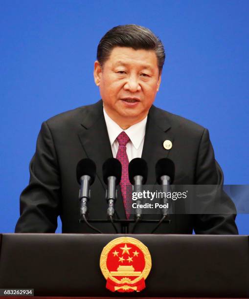 Chinese President Xi Jinping attends a news conference at the end of the Belt and Road Forum for International Cooperation on May 15, 2017 in...