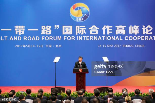 Chinese President Xi Jinping attends a news conference at the end of the Belt and Road Forum for International Cooperation on May 15, 2017 in...