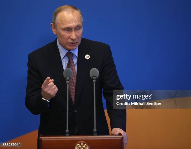 Russian President Vladimir Putin speaks during a press conference after the Belt and Road Forum for International Cooperation at the International...