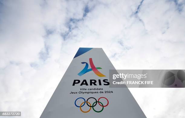 Picture taken on May 15 shows the entrance of the Paris-Le Bourget Exhibition venue in Le Bourget as the IOC Evaluation Commission continues with its...