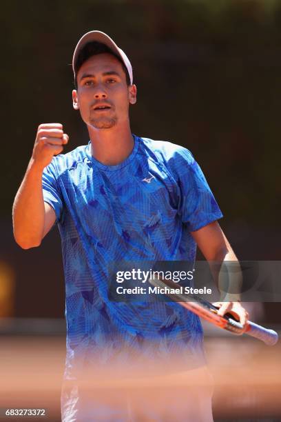 Gianluca Mager of Italy celebrates a break of service during his match against Aljaz Bedene of Great Britain on Day Two of The Internazionali BNL...