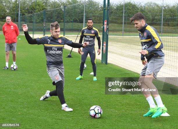 Aaron Ramsey and Carl Jenkinson of Arsenal during a training session at London Colney on May 15, 2017 in St Albans, England.