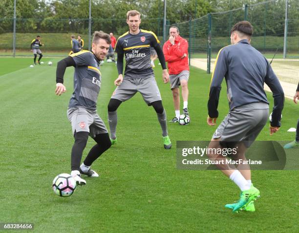 Aaron Ramsey and Carl Jenkinson of Arsenal during a training session at London Colney on May 15, 2017 in St Albans, England.