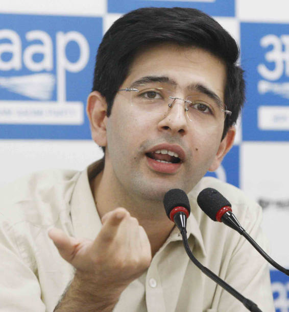 Leader Raghav Chadha addressing a press conference in New Delhi.