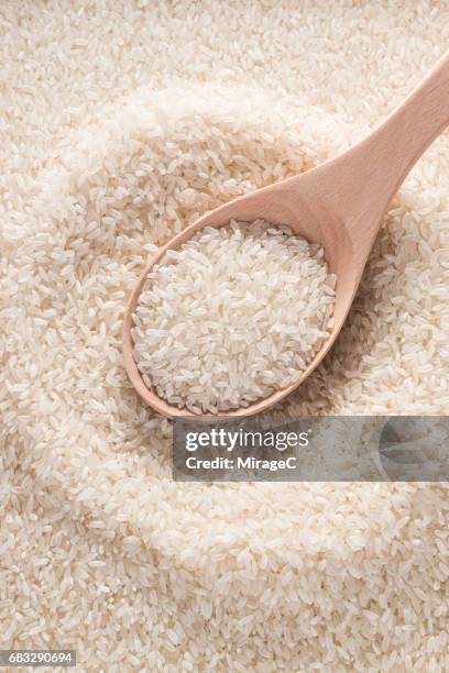 wood spoon full of uncooked rice - rijst stockfoto's en -beelden