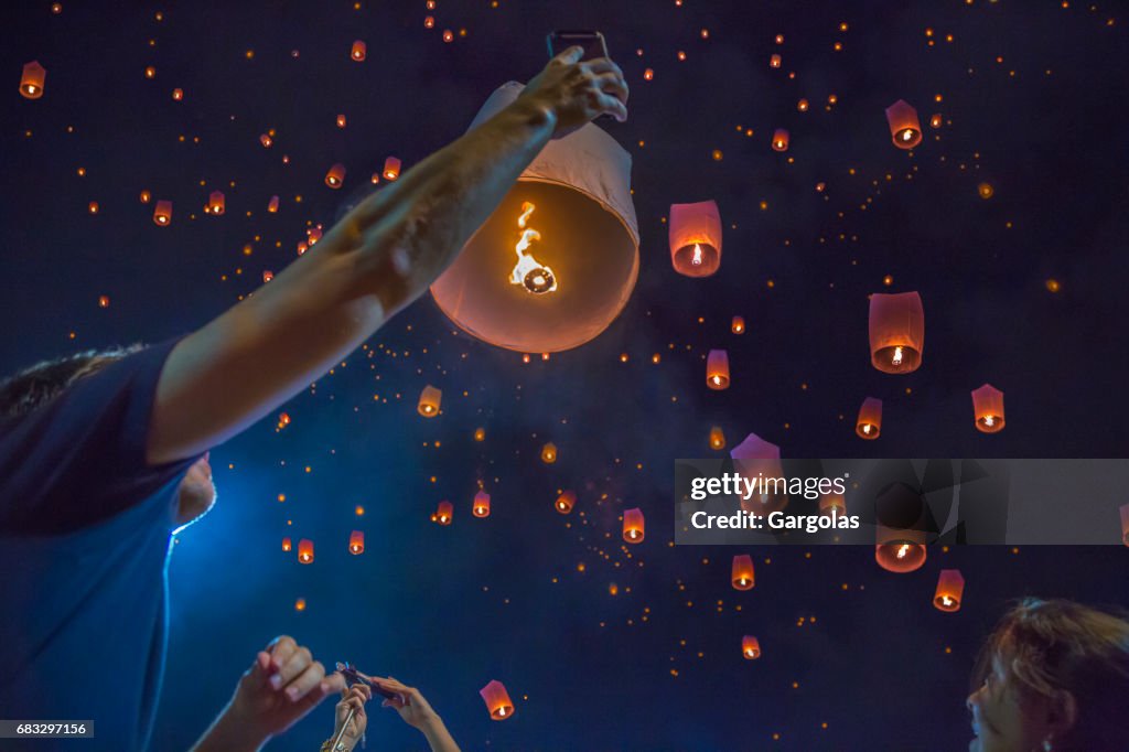 Floating asian lanterns in the sky of Chiang Mai, Thailand
