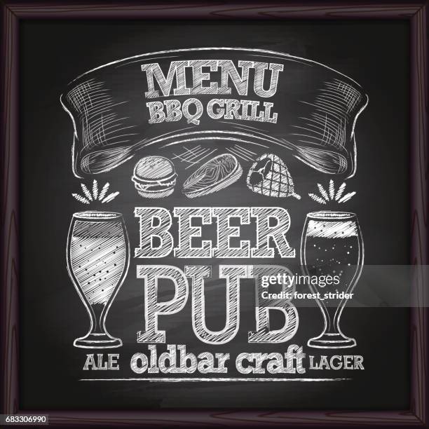 beer menu. bbq grill on a blackboard. - ales a stock illustrations