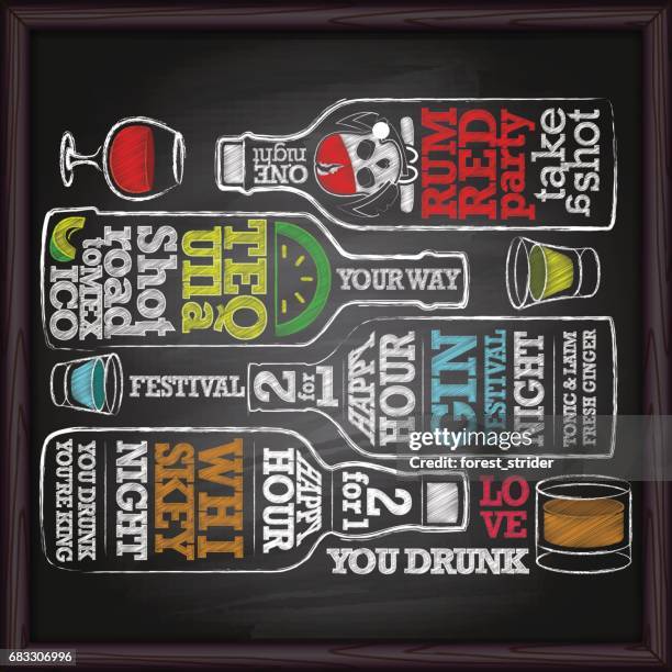 stockillustraties, clipart, cartoons en iconen met whisky, gin, tequila, rum alcohol fles puttend uit schoolbord - bar gebouw