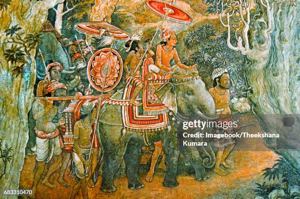 murals at kelaniya temple. - sri lankan temple elephant stock illustrations