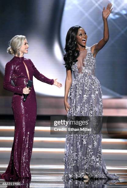 Co-host Julianne Hough introduces Miss USA 2016 Deshauna Barber during the 2017 Miss USA pageant at the Mandalay Bay Events Center on May 14, 2017 in...