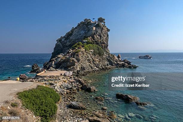 mamma mia  agios ioannis church , skopelos island - skopelos stock pictures, royalty-free photos & images