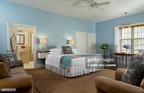 blue bedroom with breakfast - bathroom door imagens e fotografias de stock