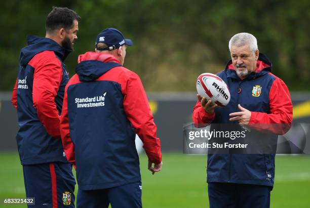 British & Irish Lions head coach Warren Gatland in discussion with coaches Andy Farrell and Neil Jenkins during a British and Irish Lions training...